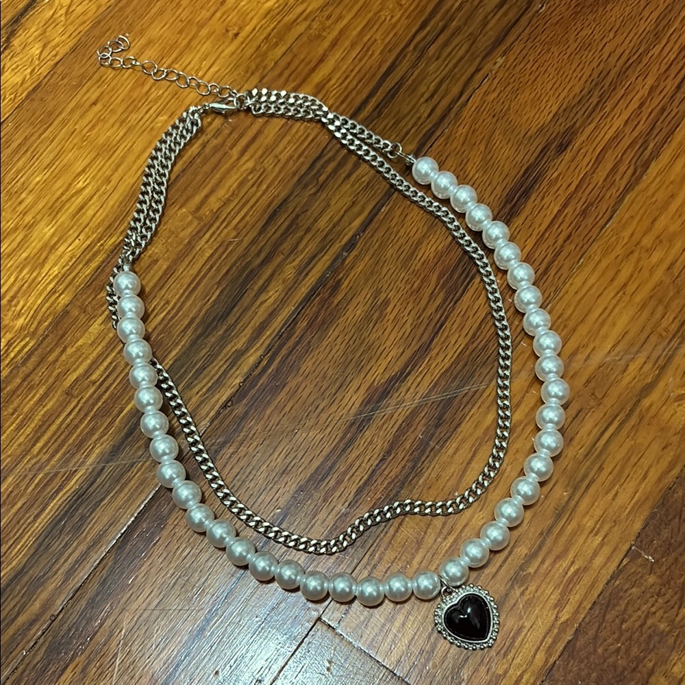 Silver and Pearl Double Strand Necklace w/ black heart pendant
